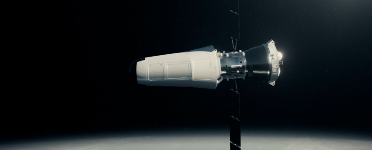 Space capsule drifting above earth, with it's top hatch open.